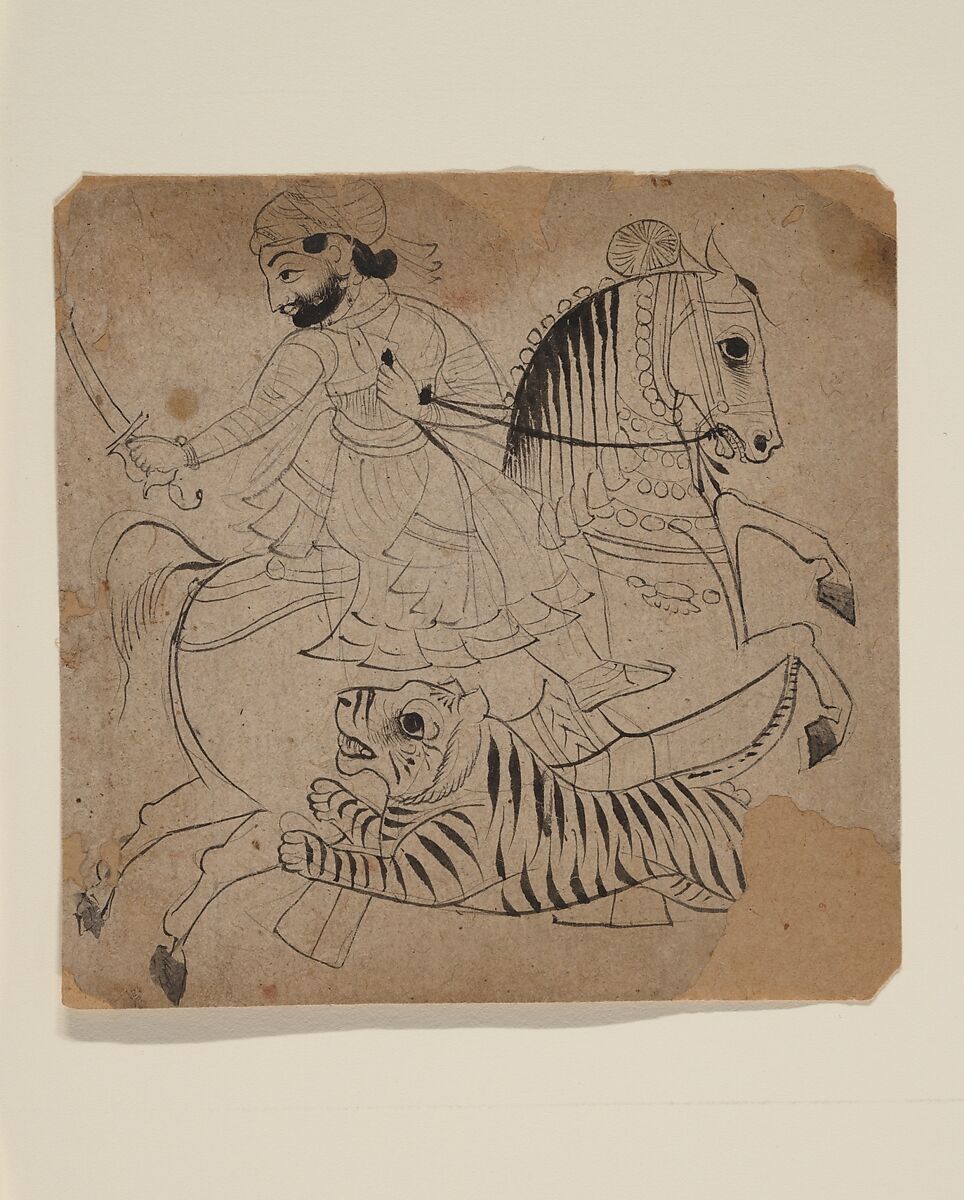 Nobleman Hunting a Tiger, Ink and translucent watercolor on paper, Western India, Rajasthan, Udaipur or Kota 