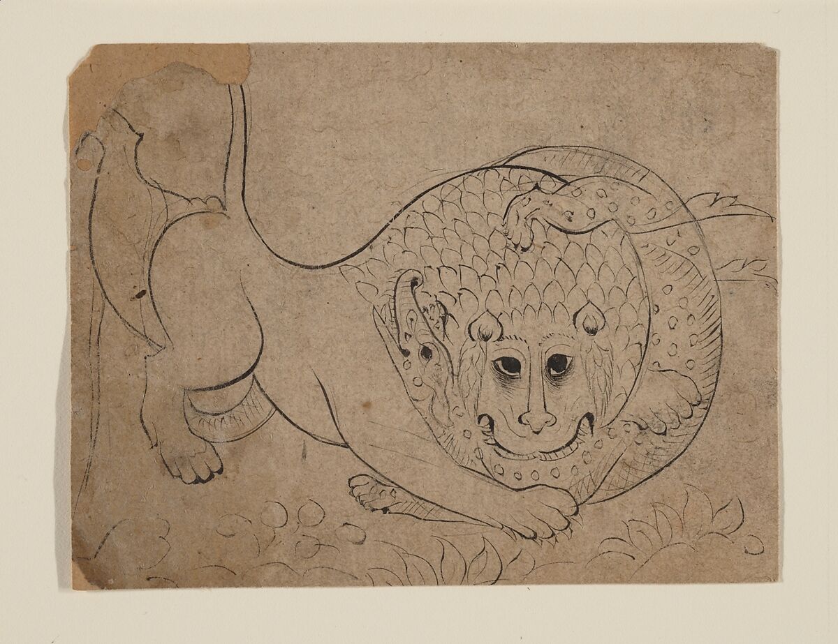 A Lion Fighting a Crocodile, Ink and translucent watercolor on paper, India (Rajasthan, Bundi) 