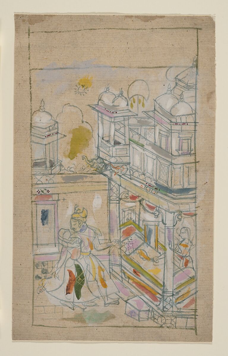 Lovers Returning to a Palace, Ink and opaque watercolor on paper, India (Rajasthan, Bundi) 