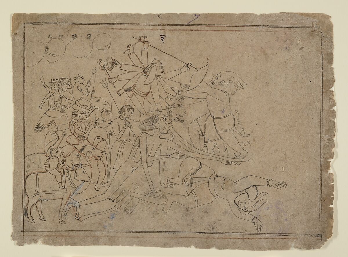 Durga, Kali, and the Matrikas Battle the Demon Raktabija: Scene from the Devi Mahatmya, Attributed to a first-generation master after Nainsukh (active ca. 1735–78), Ink, ocher and underdrawing, India (Himachal Pradesh, Guler) 