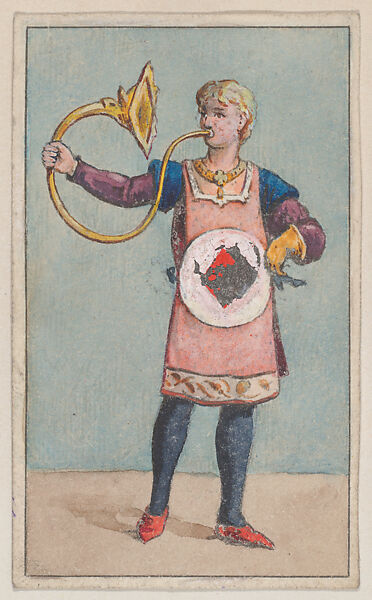 Figure with Horn in Tunic with Red Diamond trade card (W500), Commercial color lithograph reproducing drawing 