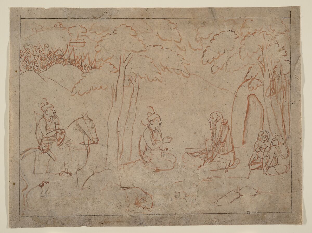 Rama and Lakshmana Visit the Hermitage of an Ascetic, Attributed to a first-generation master after Nainsukh (active ca. 1735–78), Red ochre and wash on paper, India (Pahari Hills, Guler or Kangra) 