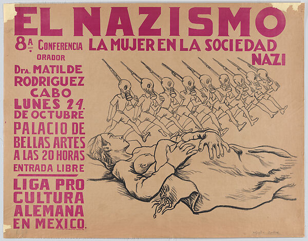 A poster advertising a meeting in Mexico City supported by the Liga Pro-cultura Alemana on the subject of the place of women in Nazi society, Alfredo Zalce (Mexican, Pátzcuaro, Michoacán 1908–2003 Morelia), Lithograph in red and black on buff paper backed on linen 
