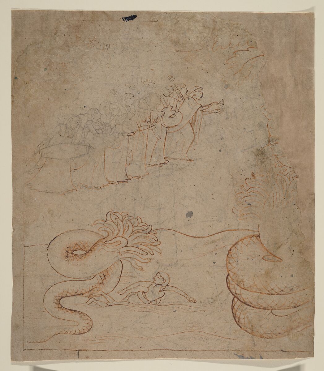 Krishna Subdues the Serpent Kaliya in the Yamuna River: Illustration from a Bhagavata Purana Series, Attributed to a follower of Nainsukh (active ca. 1735–78), Ink and wash on paper, India (Pahari Hills, Guler or Kangra) 