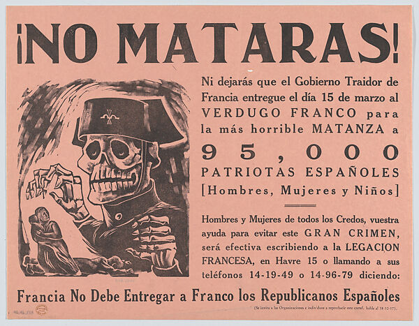 A poster relating to the potential slaughter of Spanish republicans by General Franco's army at the end of the Spanish Civil War, José Chávez Morado (Mexican, 1909–2002), Linocut and letterpress on pink paper (relief printing) backed in linen 
