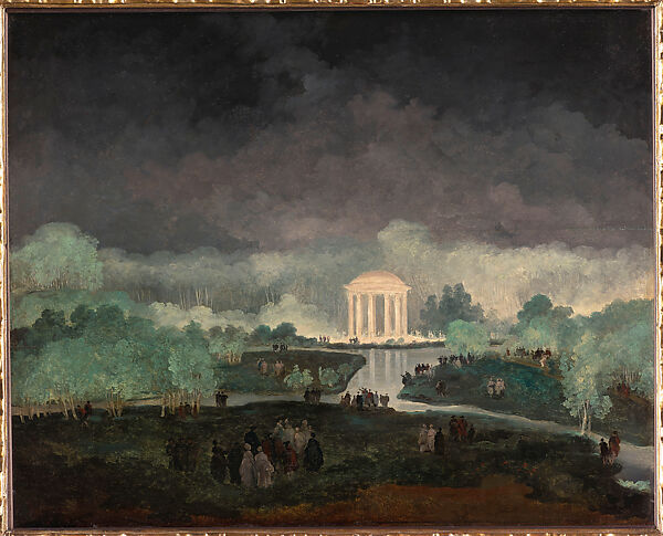 Nighttime Festivities with Fireworks in the Gardens of the Petit Trianon, Hubert Robert (French, Paris 1733–1808 Paris), Oil on canvas 