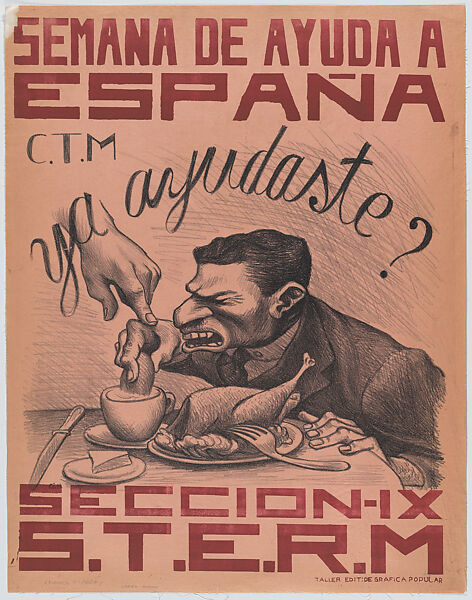 Poster entitled 'A week of help to Spain. Have you already helped?' made to raise funds to support Republican forces fighting Franco, José Chávez Morado (Mexican, 1909–2002), Lithograph with red lettering on pink paper backed with linen 
