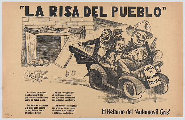 Poster entitled 'The joke of the nation: the return of the grey automobile' showing named figures representing swindlers speeding away in a car, Pablo Esteban O&#39;Higgins (American, Salt Lake City, Utah 1904–1983 Mexico City), Lithograph on buff paper backed with linen 