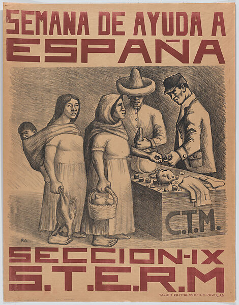 Poster entitled 'A week of help to Spain' made to raise funds to support Republican forces fighting Franco, Raúl Anguiano (Mexican, 1915–2006), Lithograph with red lettering on pink paper backed with linen 