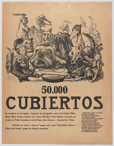 Poster entitled '50,000 covered' depicting dogs at a 'sumptous feast', José Chávez Morado (Mexican, 1909–2002), Lithograph and letterpress on buff paper backed with linen 