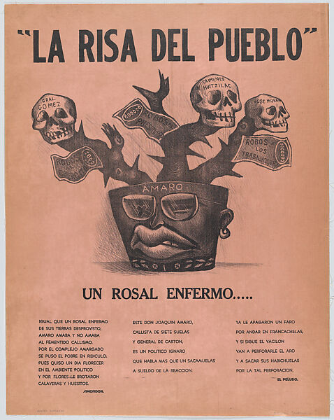 Poster entitled 'The laughter of the people' relating to the crimes at Huitzilac, skulls attached to a cactus, José Chávez Morado (Mexican, 1909–2002), Lithograph and letterpress pink buff paper backed with linen 