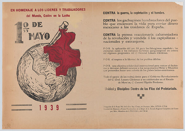 Poster dated 1 May 1939 in support of the fallen leaders and workers of the world, along with a manifesto listing complaints and in support of the proletariat, ? Alfredo Zalce (Mexican, Pátzcuaro, Michoacán 1908–2003 Morelia), Linocut and letterpress on buff paper backed with linen 