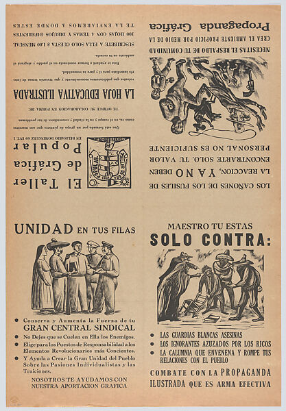 Four flyers printed on one sheet, three relating to subjects of public interest concerning those oppressed, and one announcing the services offered by the TGP (Guerrero), José Chávez Morado (Mexican, 1909–2002), Linocut, letterpress on buff paper 