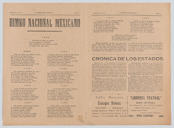 Bi-fold pages printed back and front (pages 3, 4, 5 & 5) from 'La prensa del pueblo' vol.1, number 12, September 1943, Arsacio Vanegas Arroyo (Mexican, 1922–2001), Metalcut, letterpress (relief printing)