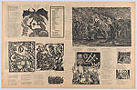 Pages 3, 4, 5 and 6 of an eight page broadsheet addressing political subjects taken from the newspaper 'Calaveras aftosas con medias naylon' (Hoof and Mouth Skeletons with Nylon Stockings), José Chávez Morado (Mexican, 1909–2002), Linocuts and letterpress on buff paper