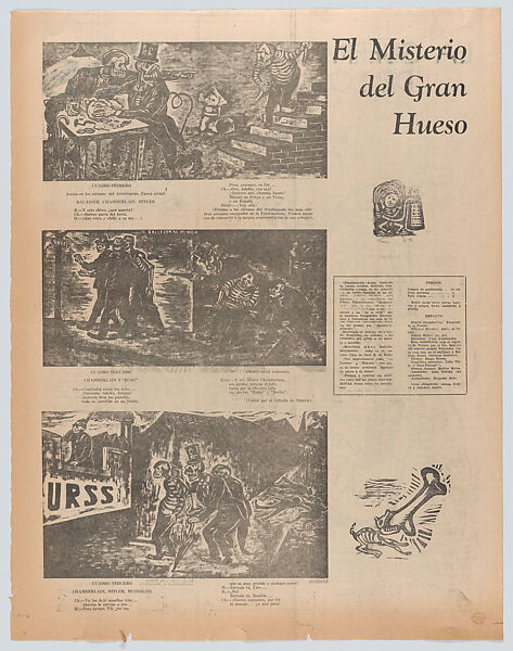 A large folio newspaper entitled 'Extra, Extra, War, Skulls/Skeletons Hesitant about the War' comprising six pages richly illustrated; page 1 by Zalce, page 2 by Chávez Morado, page 3 by O'Higgins, page 4 Mendez, page 5 by Chávez Morado, page 6 by O'Higgins, José Chávez Morado (Mexican, 1909–2002), Lithographs, linocuts, letterpress