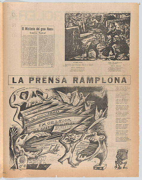A large folio newspaper entitled 'Extra, Extra, War, Skulls/Skeletons Hesitant about the War' comprising six pages richly illustrated; page 1 by Zalce, page 2 by Chávez Morado, page 3 by O'Higgins, page 4 Mendez, page 5 by Chávez Morado, page 6 by O'Higgins, José Chávez Morado (Mexican, 1909–2002), Lithographs, linocuts, letterpress
