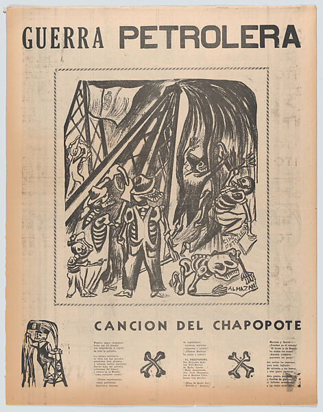 A large folio newspaper entitled 'Extra, Extra, War, Skulls/Skeletons Hesitant about the War' comprising six pages richly illustrated; page 1 by Zalce, page 2 by Chávez Morado, page 3 by O'Higgins, page 4 Mendez, page 5 by Chávez Morado, page 6 by O'Higgins, José Chávez Morado (Mexican, 1909–2002), Lithographs, linocuts, letterpress