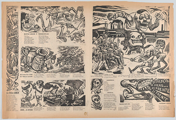 A large folio newspaper entitled 'Calaveras estranguladoras' ['Strangler Skulls'] comprising four pages richly illustrated, Alfredo Zalce (Mexican, Pátzcuaro, Michoacán 1908–2003 Morelia), Linocuts and letterpress