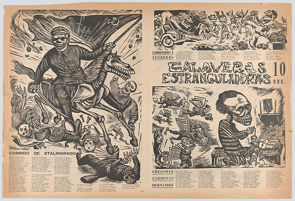 A large folio newspaper entitled 'Calaveras estranguladoras' ['Strangler Skulls'] comprising four pages richly illustrated