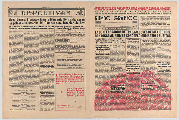 Eight uncut pages from the Marxist newspaper 'Rumbo Grafico' with illustrations by Méndez and Zalce including an advertisement from the TGP offering their design and printing services at competitive prices for effective propaganda, Alfredo Zalce (Mexican, Pátzcuaro, Michoacán 1908–2003 Morelia), Linocut and letterpress 
