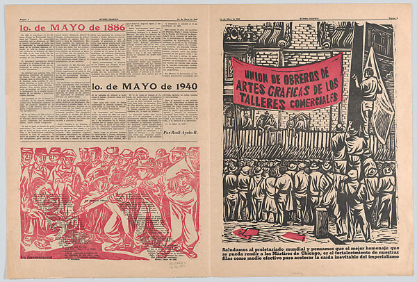 Eight uncut pages from the Marxist newspaper 'Rumbo Grafico' with illustrations by Méndez and Zalce including an advertisement from the TGP offering their design and printing services at competitive prices for effective propaganda, Alfredo Zalce (Mexican, Pátzcuaro, Michoacán 1908–2003 Morelia), Linocut and letterpress