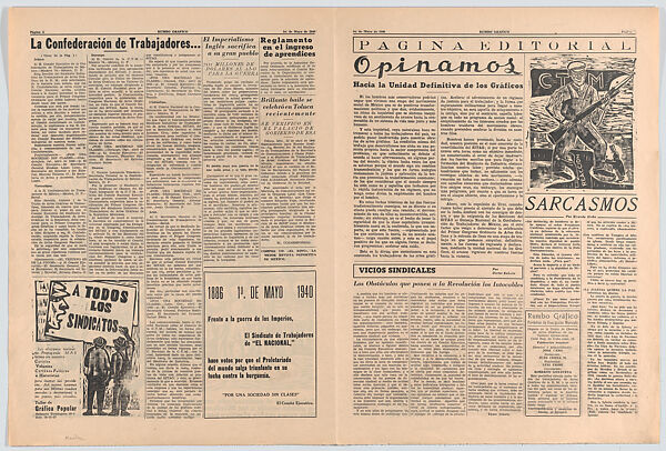 Eight uncut pages from the Marxist newspaper 'Rumbo Grafico' with illustrations by Méndez and Zalce including an advertisement from the TGP offering their design and printing services at competitive prices for effective propaganda, Alfredo Zalce (Mexican, Pátzcuaro, Michoacán 1908–2003 Morelia), Linocut and letterpress