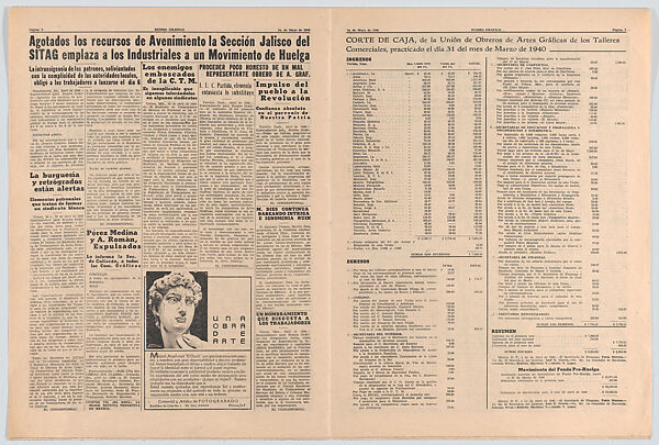 Eight uncut pages from the Marxist newspaper 'Rumbo Grafico' with illustrations by Méndez and Zalce including an advertisement from the TGP offering their design and printing services at competitive prices for effective propaganda, Alfredo Zalce (Mexican, Pátzcuaro, Michoacán 1908–2003 Morelia), Linocut and letterpress