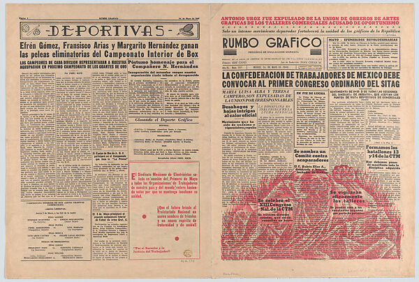 Eight uncut pages from the Marxist newspaper 'Rumbo Grafico' with illustrations by Méndez and Zalce including an advertisement from the TGP offering their design and printing services at competitive prices for effective propaganda