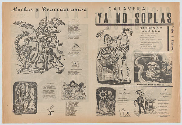 Broadside comprising four pages printed on both sides entitled 'Calavera ... ya no soplas', Raúl Anguiano (Mexican, 1915–2006), Wood engraving, lithograph, linocut and letterpress 