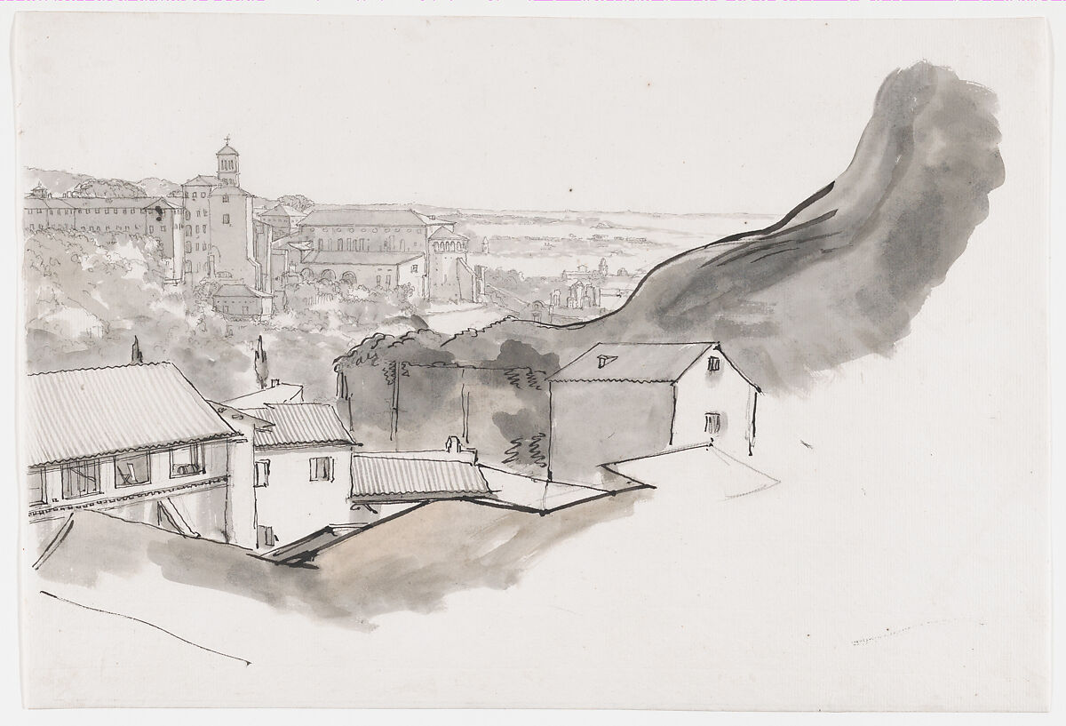 View of the Caelian Hill, Rome, with the church of Santi Giovanni e Paolo, seen from the Aventine, Rome, Joseph Vernet (French, Avignon 1714–1789 Paris), Black chalk, pen and black ink, brush and brown and gray wash 