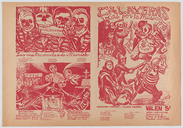 Broadside comprising four pages printed on both sides (one side in red, the other in black) entitled 'Calaveras locas por la musica' (Skeletons Crazy about Music), Pablo Esteban O&#39;Higgins (American, Salt Lake City, Utah 1904–1983 Mexico City), Lithograph in red and black, letterpress 