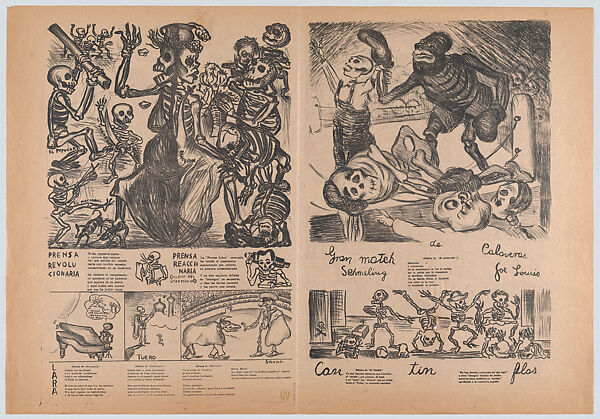 Broadside comprising four pages printed on both sides (one side in red, the other in black) entitled 'Calaveras locas por la musica' (Skeletons Crazy about Music), Pablo Esteban O'Higgins (American, Salt Lake City, Utah 1904–1983 Mexico City), Lithograph in red and black, letterpress