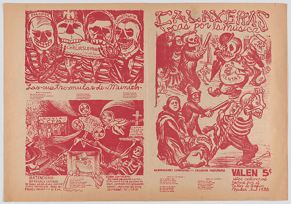 Broadside comprising four pages printed on both sides (one side in red, the other in black) entitled 'Calaveras locas por la musica' (Skeletons Crazy about Music)