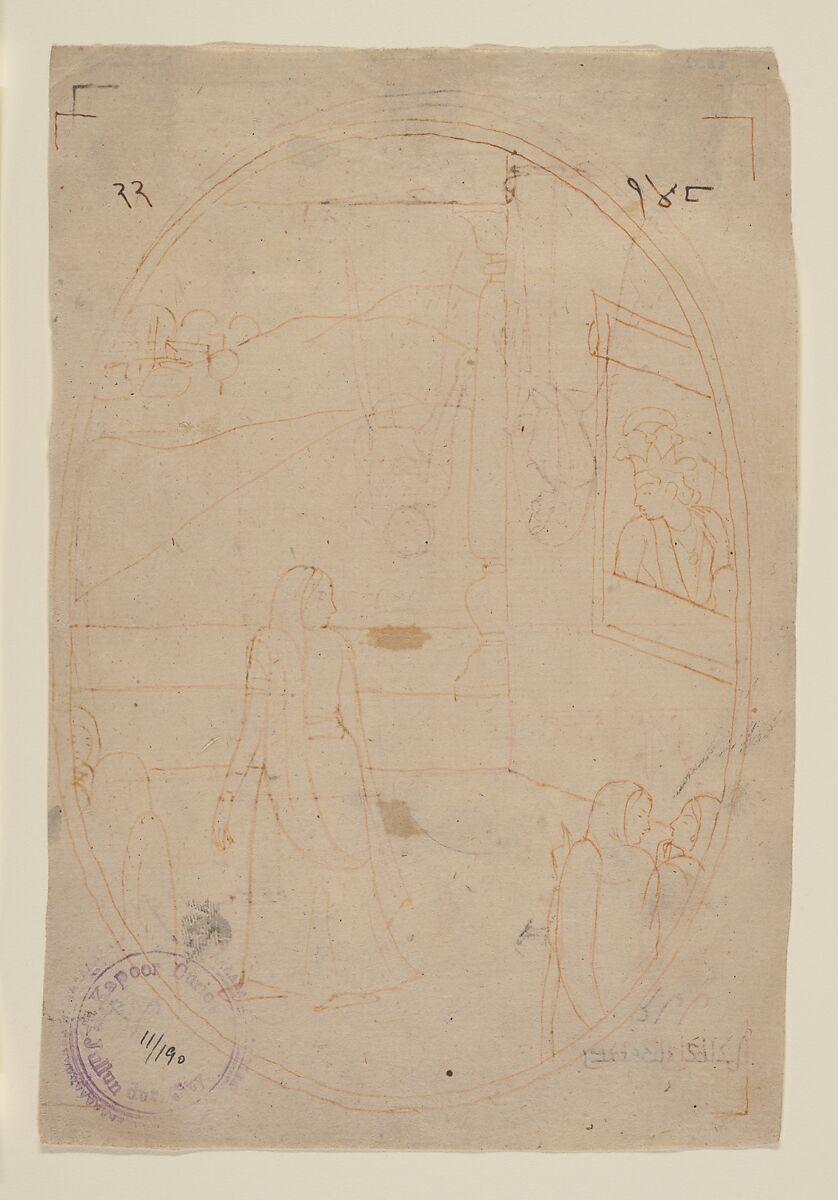 Drawing for an Illustration from a Sat Sai of Bihari Lal Series: The Message of the Eyes (recto); Lady in Search of Her Lover on a Dark Night (verso), First generation after Nainsukh (active ca. 1735–78), Ochre on paper, India (Pahari Hills, Kangra) 