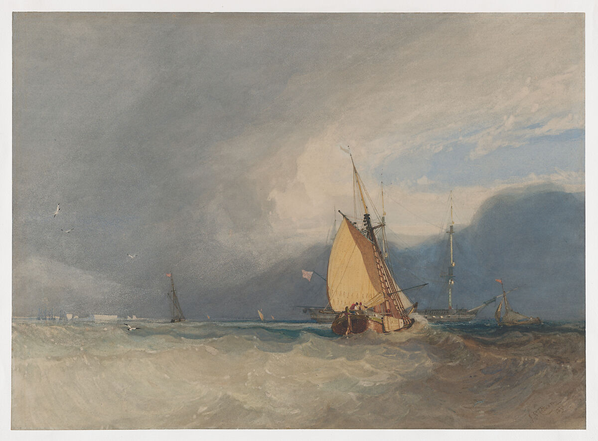 Boats off the coast, storm approaching, John Sell Cotman (British, Norwich 1782–1842 London), Watercolor over traces of graphite, with gouache (bodycolor), scratching out, stopping out, and gum arabic 