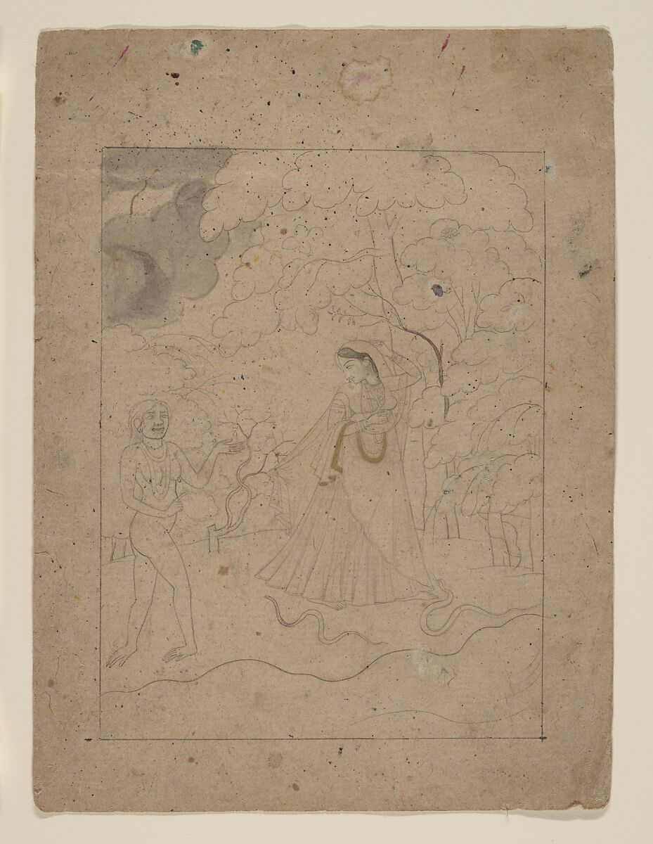 Abhisarika Nayika (Heroine Braving the Night), Ink, wash ,and translucent watercolor on paper, India (Pahari Hills, Kangra or Guler) 