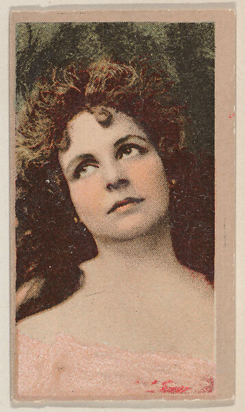 Dark-haired Actress with pink dress and green background trade card (W500), Commercial color lithograph 