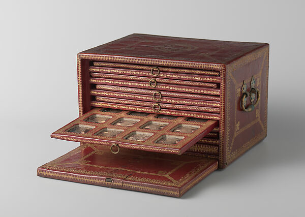 Box for the Storage of Medals, Oak; gold-embossed red morocco leather; silk; with sixty-five silver medals of the French kings, French 