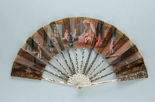 An Audience with Louis XVI and Marie Antoinette, Leaf: gouache on doubled paper; sticks and guards: gilded and silvered ivory, French 
