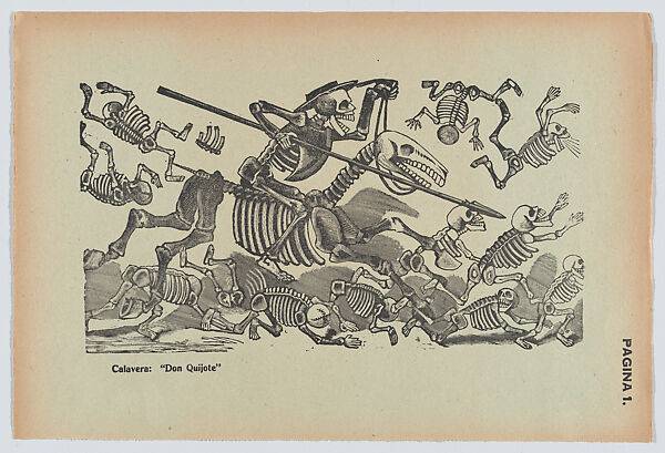 Page 1: The calavera of Don Quijote, from '36 Grabados' (Mexico, 1943), José Guadalupe Posada (Mexican, Aguascalientes 1852–1913 Mexico City), Type-metal engraving on green paper 