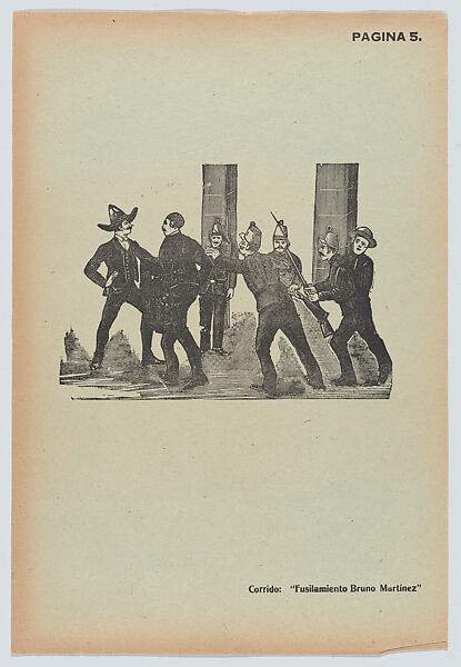 Page 5: Bruno Martínez being let to his execution, from '36 Grabados' (Mexico, 1943), José Guadalupe Posada (Mexican, Aguascalientes 1852–1913 Mexico City), Type-metal engraving on green paper 
