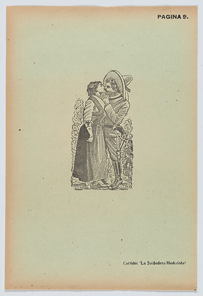 Page 9: a man and woman kissing, from '36 Grabados' (Mexico, 1943), José Guadalupe Posada (Mexican, Aguascalientes 1852–1913 Mexico City), Zincograph on green paper 