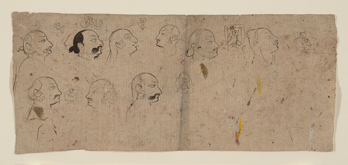 Sketch Page of Facial Studies, likely Maharao Kishor Singh, Ink on paper, India (Rajasthan, Kotah) 