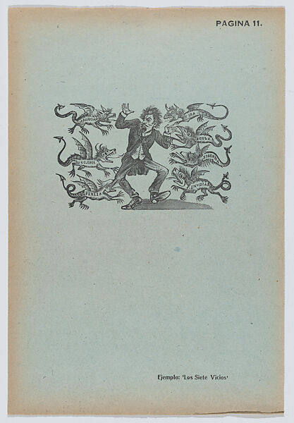 Page 11: a man being terrorised by winged demons representing the seven vices, from '36 Grabados' (Mexico, 1943), José Guadalupe Posada (Mexican, Aguascalientes 1852–1913 Mexico City), Type-metal engraving on green paper 