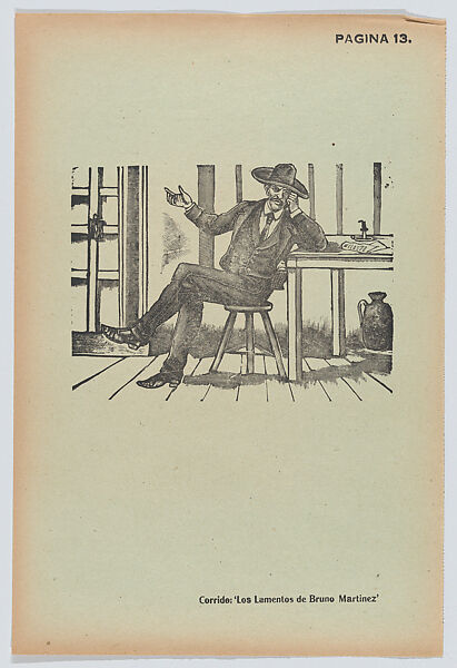 Page 13: Bruno Martinez lamenting, from '36 Grabados' (Mexico, 1943), José Guadalupe Posada (Mexican, Aguascalientes 1852–1913 Mexico City), Type-metal engraving on green paper 