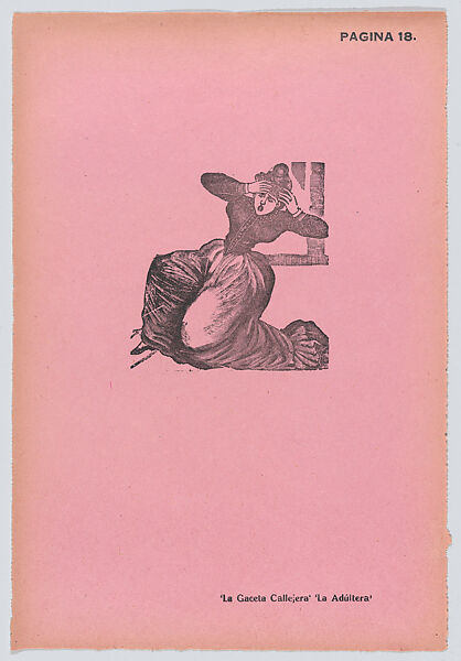 Page 17: a woman falling to her knees, from '36 Grabados' (Mexico, 1943), José Guadalupe Posada (Mexican, Aguascalientes 1852–1913 Mexico City), Type-metal  engraving on pink paper 