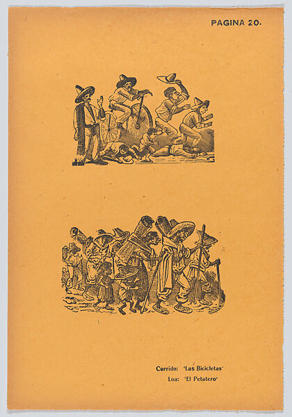 Page 20: a scene of figures riding bicyles, another of figures walking, from '36 Grabados' (Mexico, 1943), José Guadalupe Posada (Mexican, Aguascalientes 1852–1913 Mexico City), Type-metal engraving and zincograph on orange paper 