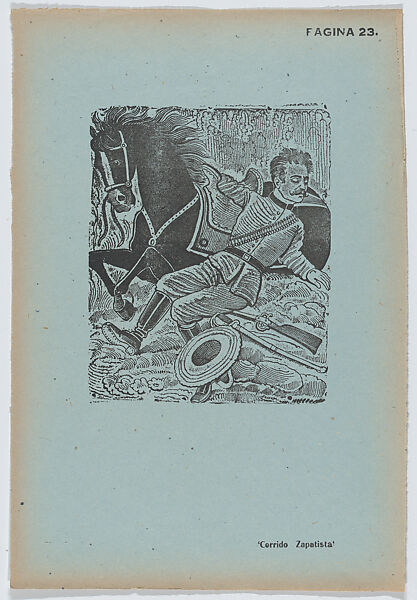 Page 23: a soldier being flung from a horse, from '36 Grabados' (Mexico, 1943), José Guadalupe Posada (Mexican, Aguascalientes 1852–1913 Mexico City), Zincograph on green paper 
