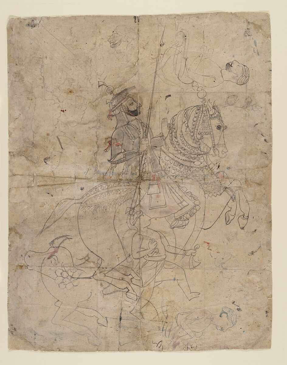 Worship of Brijnathji and Svamini (recto); Equestrian Portrait (verso), Ink and transparent watercolor on paper, India (Rajasthan, Kotah) 